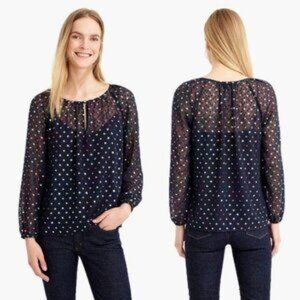 J. Crew Popover Rainbow Clip Dot Navy Blue Chiffon Blouse Womens Sz XS